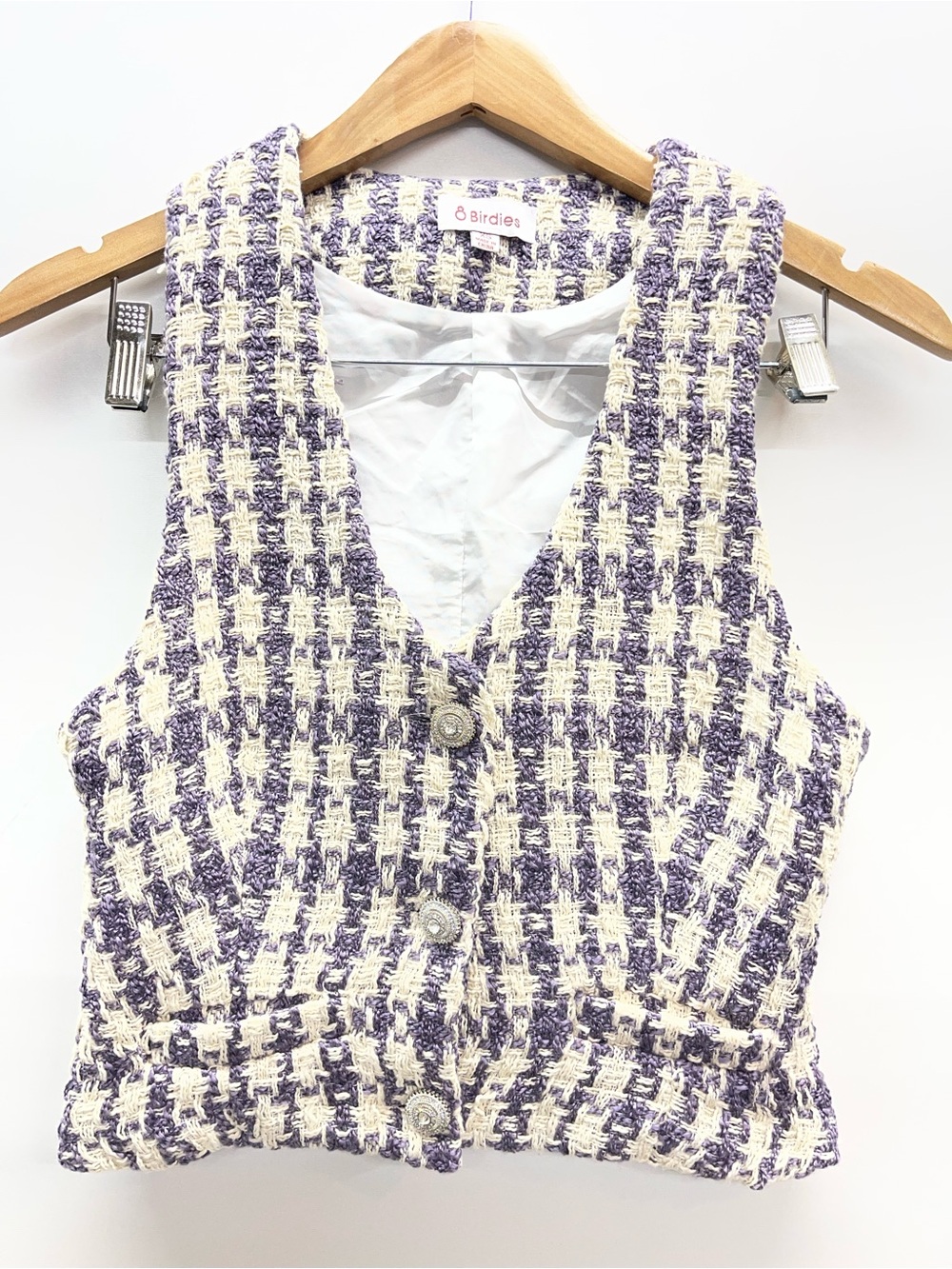 8 Birdies Cream and Purple‎ Tweed Vest With Rhinestone Buttons